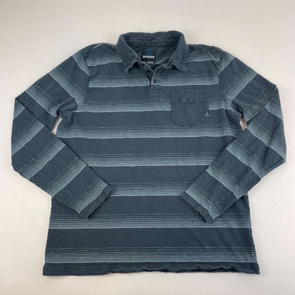 prAna Men's Size M Striped Long Sleeve Organic Cotton Polo Shirt Blue